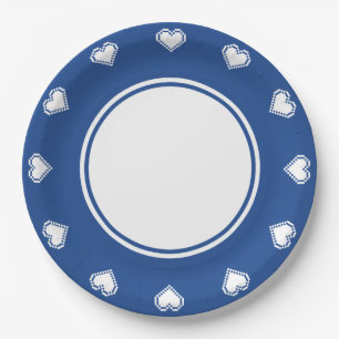 Assiettes En Carton Nos Coeurs 8 bits en Plaque Papier Bleu