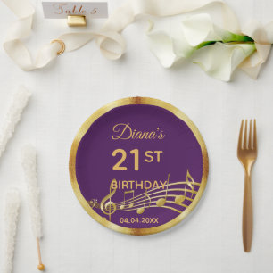 Assiettes En Carton Notes de musique dorée violette d'anniversaire