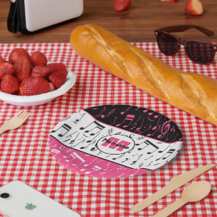 Assiettes En Carton Notes de musique rose et blanc noir
