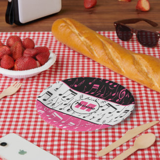 Assiettes En Carton Notes de musique rose et blanc noir