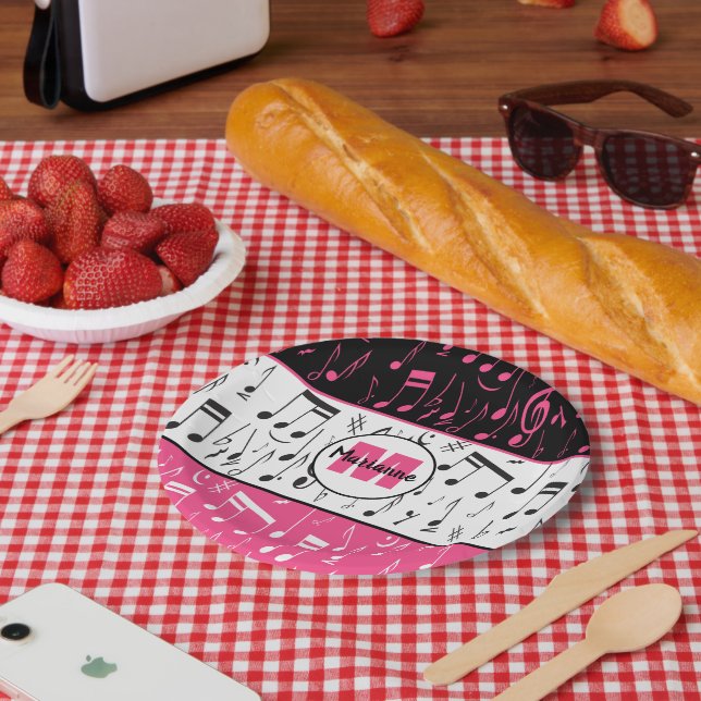 Assiettes En Carton Notes de musique rose et blanc noir (Pique-nique)