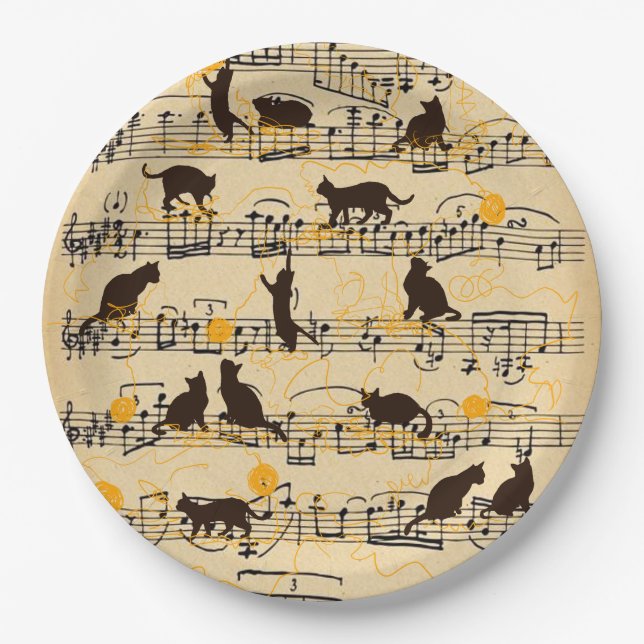 Assiettes En Carton Notes musicales et chatons (Devant)