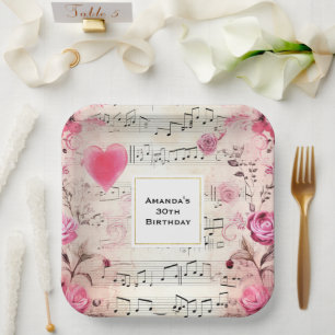 Assiettes En Carton Notes musicales et Rose Design Vintage Anniversair