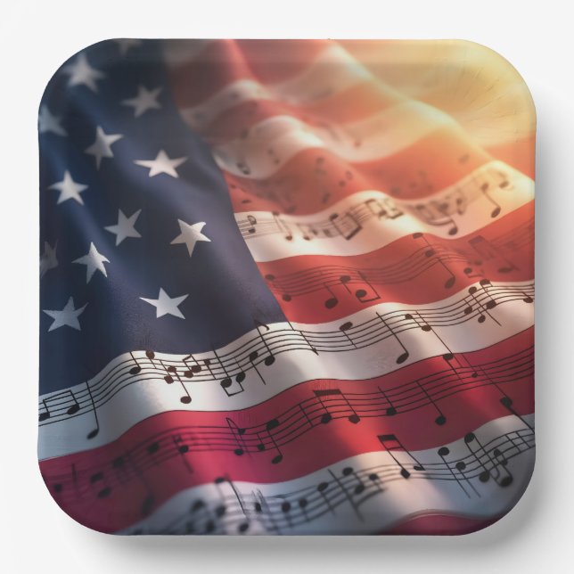 Assiettes En Carton Notes musicales sur un drapeau américain (Recto)