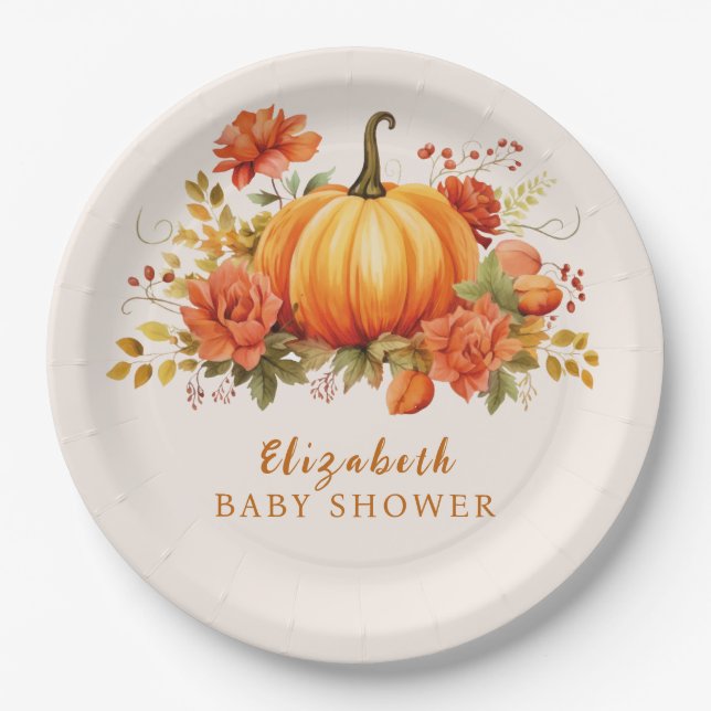 Assiettes En Carton Notre petit Baby shower d'automne fleuri citrouill (Devant)