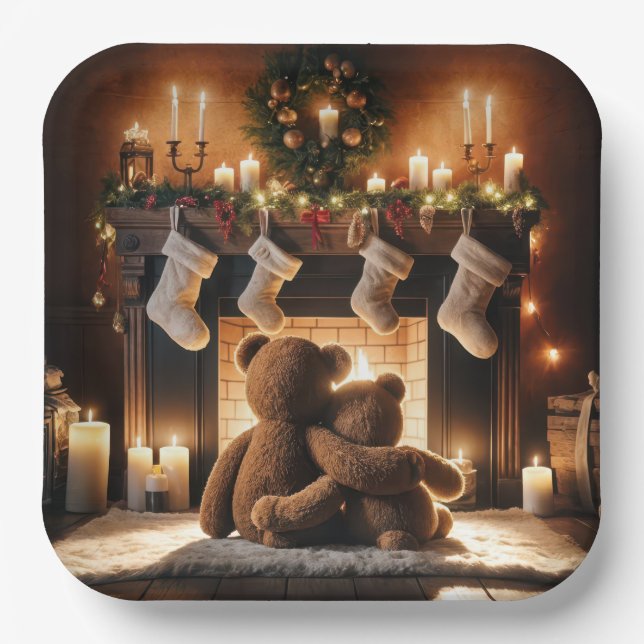 Assiettes En Carton Nounours Devant Une Cheminée De Noël (Recto)