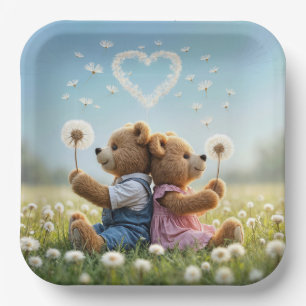 Assiettes En Carton Nounours en peluche avec un cœur de pissenlit