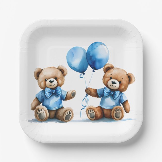 Assiettes En Carton Nounours jumeaux avec Ballons Bleus (Recto)
