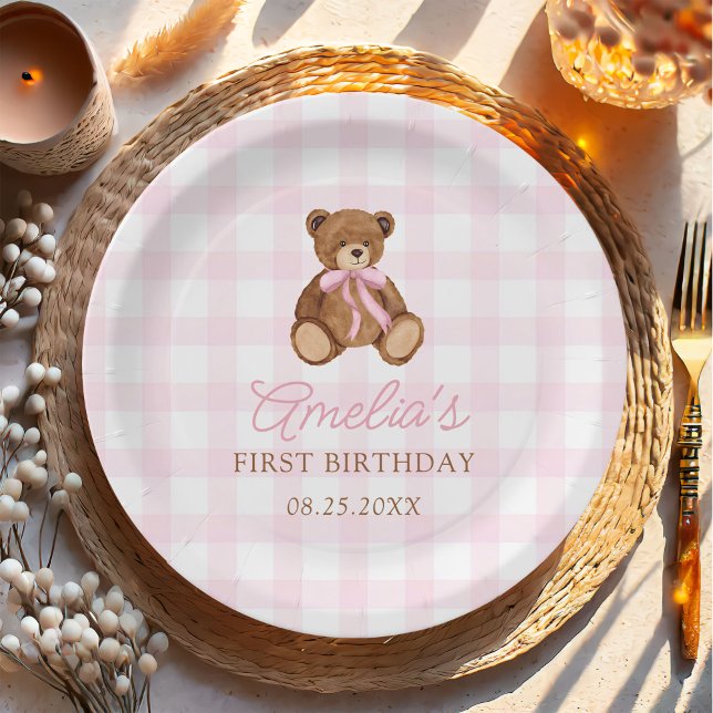 Assiettes En Carton Nounours ourson en vichy rose pour premier anniver (Créateur téléchargé)