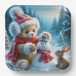 Assiettes En Carton Nounours qui construit un bonhomme de neige