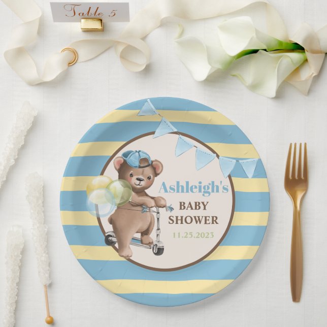 Assiettes En Carton Nounours sur scooter, Baby Shower rayé (Mariage)
