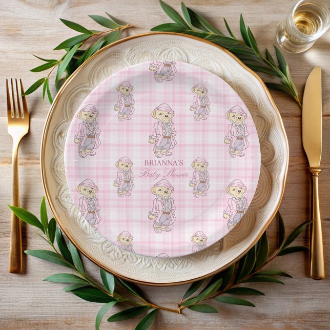 Assiettes En Carton Nous pouvons attendre rose plaid baby shower monog (We can bearly wait pink plaid teddy bear baby shower monogrammed printed paper plates)