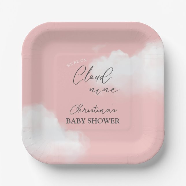 Assiettes En Carton Nous sommes sur Cloud 9 Baby shower fille rose (Recto)