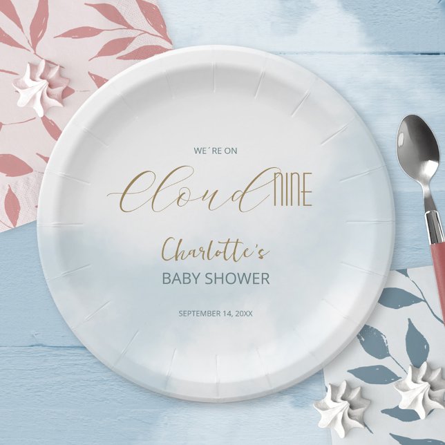 Assiettes En Carton Nous sommes sur Cloud 9 Elegant Script Baby shower (We´re on Cloud 9 Elegant Script Blue Baby Shower Paper Plates ©Susanne Sachers - Sunny Mind 🌞)