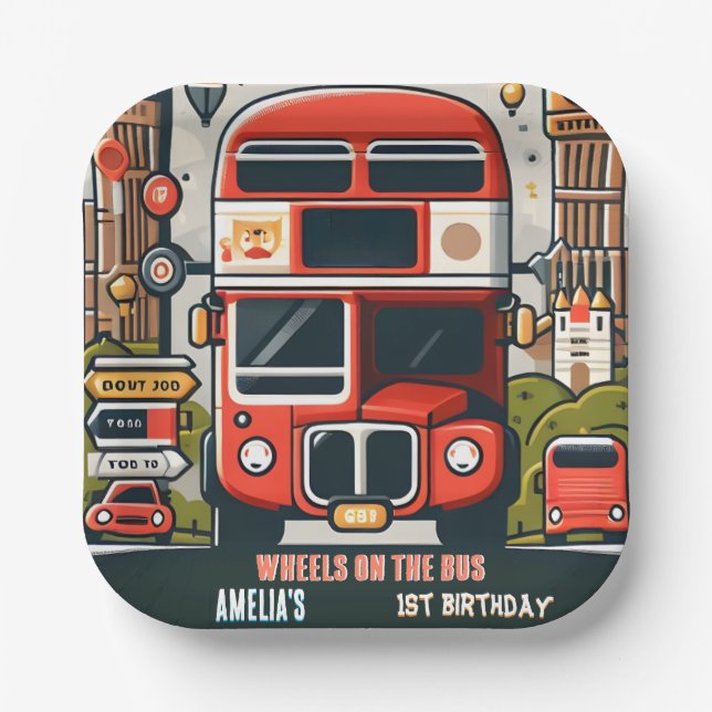 Assiettes En Carton Nouveau Boy Cute Girl Tour City Party Bus 1er anni (Recto)