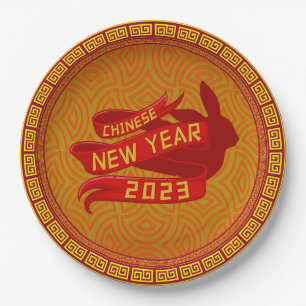 Assiettes En Carton Nouvel An chinois 2023 Rabbit Red Gold 9"
