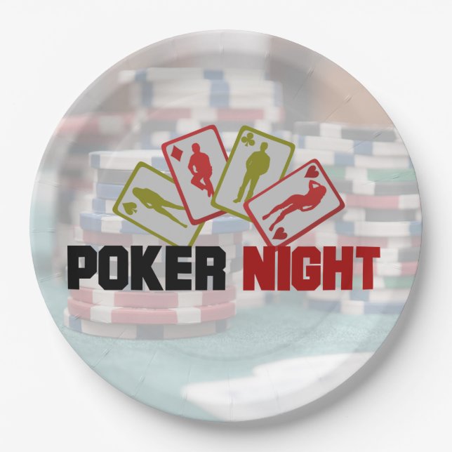 Assiettes En Carton Nuit de poker avec cartes à jouer et jetons de pok (Devant)