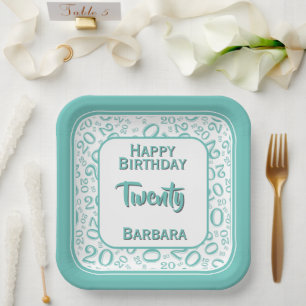 Assiettes En Carton Numéro aléatoire du 20e parti Motif Turquoise/blan