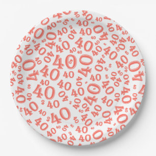 Assiettes En Carton Numéro de 40e anniversaire Motif Coral/Blanc