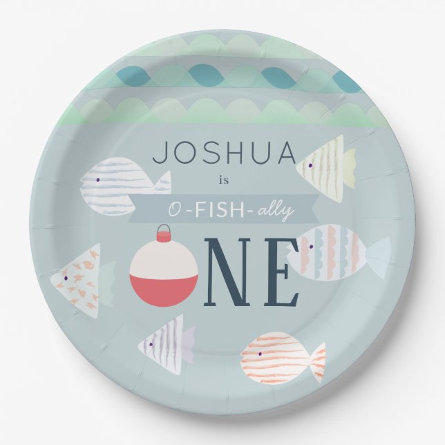 Assiettes En Carton O-fish-ally One Fishing Turquoise Boy Birthday (Devant)