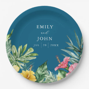 Assiettes En Carton Océan Bleu Aquarelle Mariage floral tropical