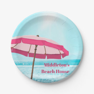 Assiettes En Carton Océan Bleu Surf d'été Pink Beach Parapluie