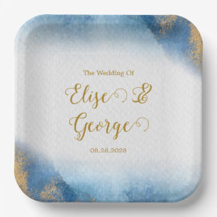 Assiettes En Carton Ocean Blue et Golden Watercolor Mariage