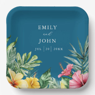 Assiettes En Carton Océan Blue Watercolor Mariage de fleurs tropicales