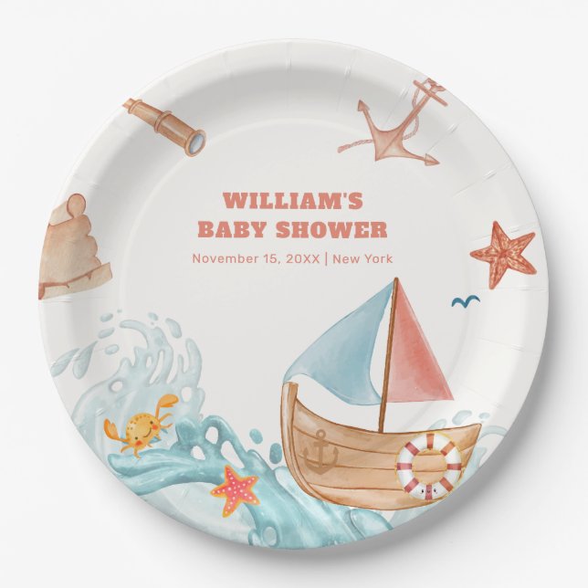 Assiettes En Carton Ocean Boy Adventure Baby shower de voilier (Devant)
