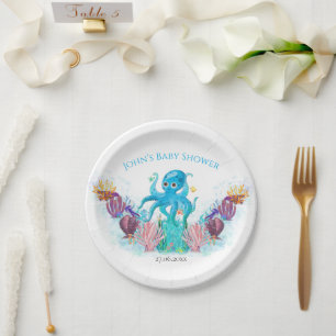 Assiettes En Carton Océan moderne Bébé Octopus Aquarelle colorée