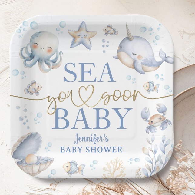 Assiettes En Carton Ocean Sea You Soon Baby Shower Boy Blue  (Créateur téléchargé)