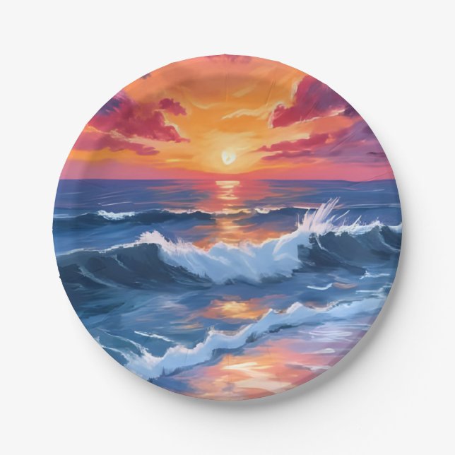 Assiettes En Carton Ocean Sunset Beach Waves Watercolor Card (Devant)
