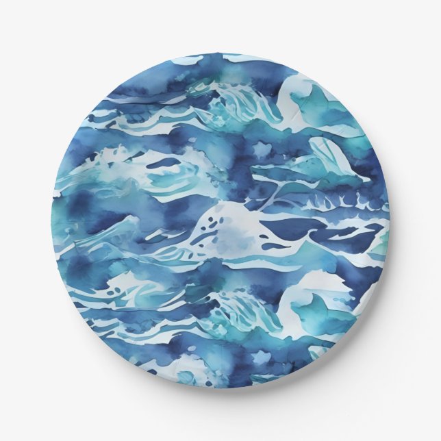 Assiettes En Carton Ocean Waves | Teal Watercolor Aqua Blue (Devant)