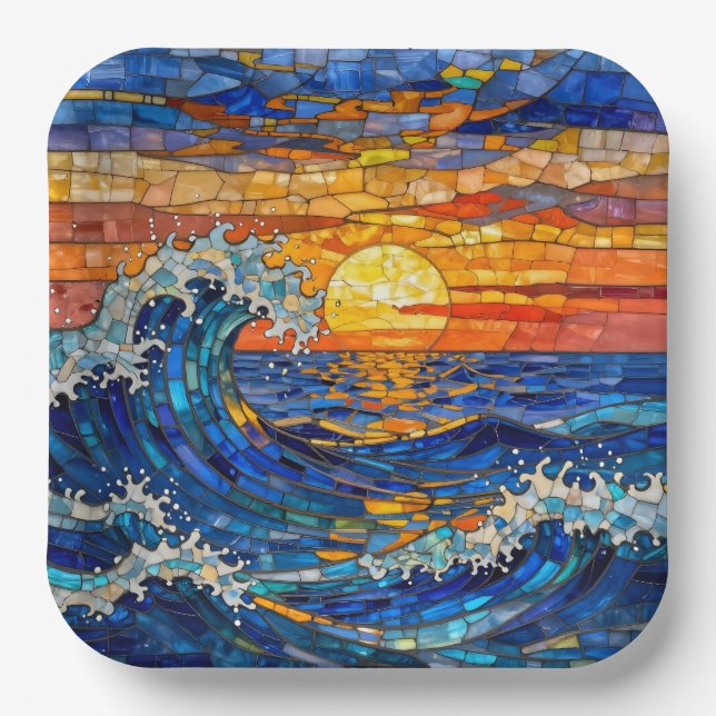 Assiettes En Carton Oceanic Coastal Ocean Waves Sunset   (Recto)
