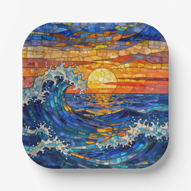 Assiettes En Carton Oceanic Coastal Ocean Waves Sunset   (Recto)