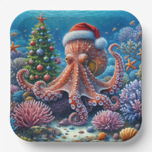 Assiettes En Carton Octopus de Noël portant un chapeau de Père Noël