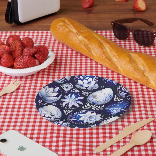 Assiettes En Carton Œuf de Pâques Floral de Printemps Bleu Scandinave (Pique-nique)