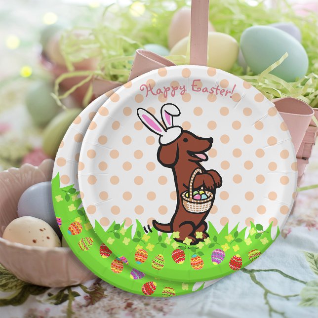 Assiettes En Carton Oeuf de Pâques Rouge Lisse Haïred Dachshund Plaque (Easter Egg Red Smooth Haired Dachshund Paper Plate for Easter Egg Hunt.  Cute Dog Cartoon Design.)