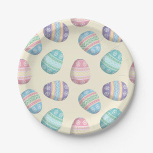 Assiettes En Carton Oeufs de Pâques joliment décorés sur Jaune