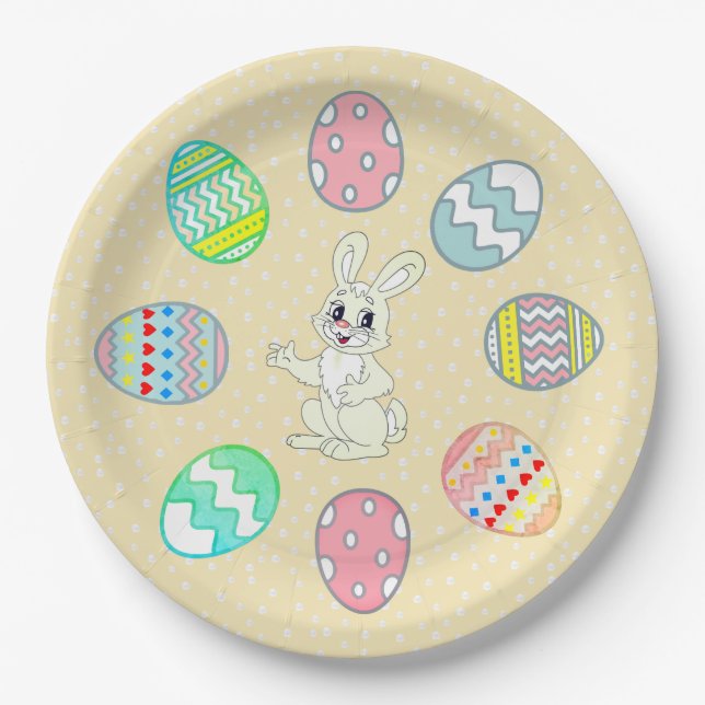 Assiettes En Carton Œufs de Pâques peints & Lapin (Devant)