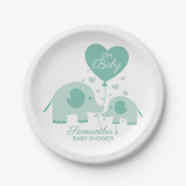 Assiettes En Carton Oh Baby Adorable Mint Green Elephant Baby shower (Devant)