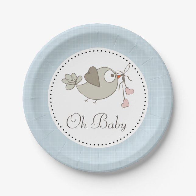 Assiettes En Carton Oh Baby Bird Blue Baby Shower (Devant)