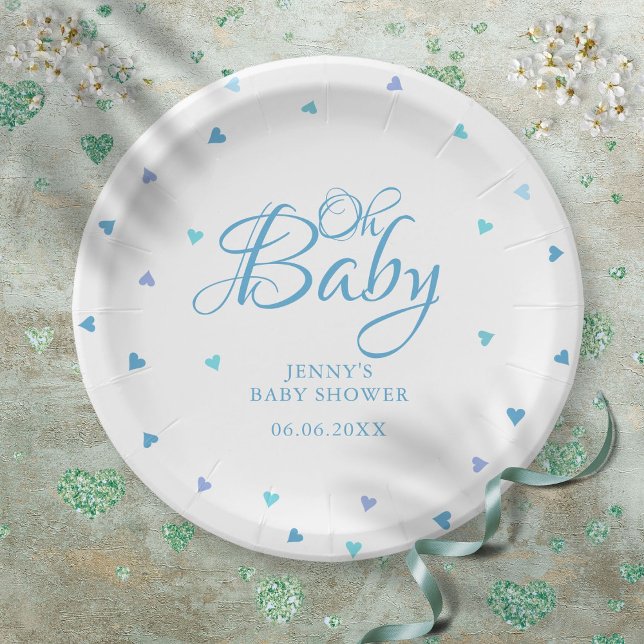 Assiettes En Carton Oh Baby Blue Love Hearts Baby shower / Saupoudrer (Oh Baby Blue Love Hearts Baby Shower / Sprinkle Paper Plates)