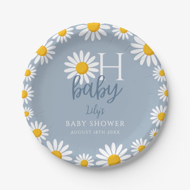 Assiettes En Carton Oh Baby Blue Modern Daisy Baby shower (Devant)