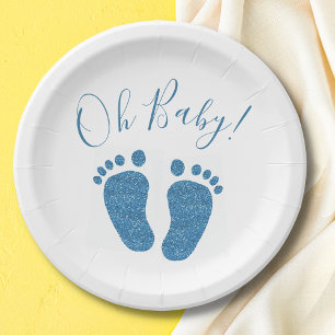 Assiettes En Carton Oh Baby Blue Parties scintillant Baby shower pieds