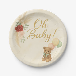 Assiettes En Carton Oh Baby Boho Teddy Bear Baby Shower Round Plate