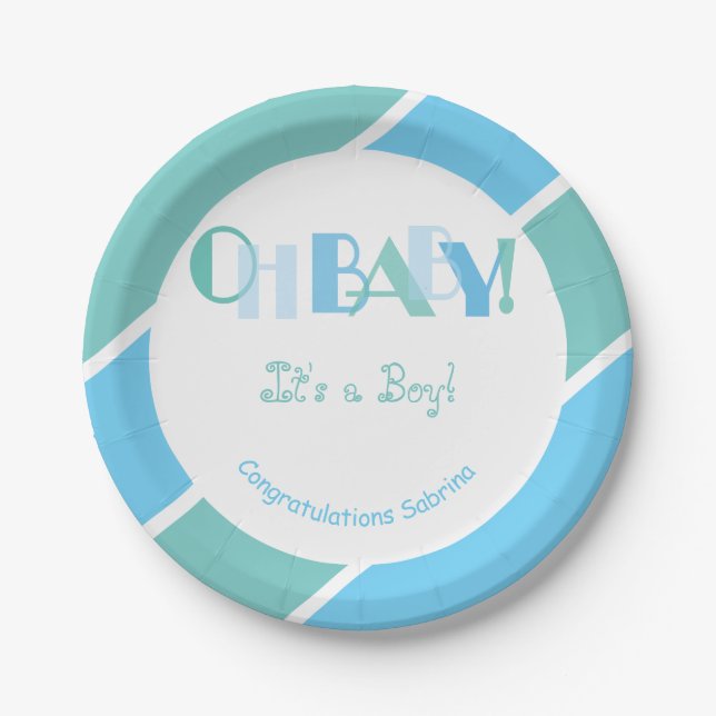 Assiettes En Carton Oh Baby Boy Blue Baby shower moderne (Devant)