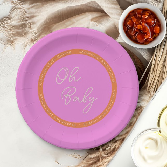 Assiettes En Carton Oh Baby Bright rose et Baby shower orange (Oh Baby Baby Shower personalized paper plates from my Tricolor Baby Shower Collection)