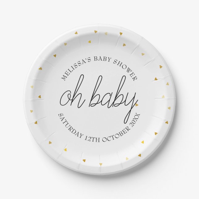 Assiettes En Carton Oh Baby Chic Script Gold Heart Baby shower (Devant)