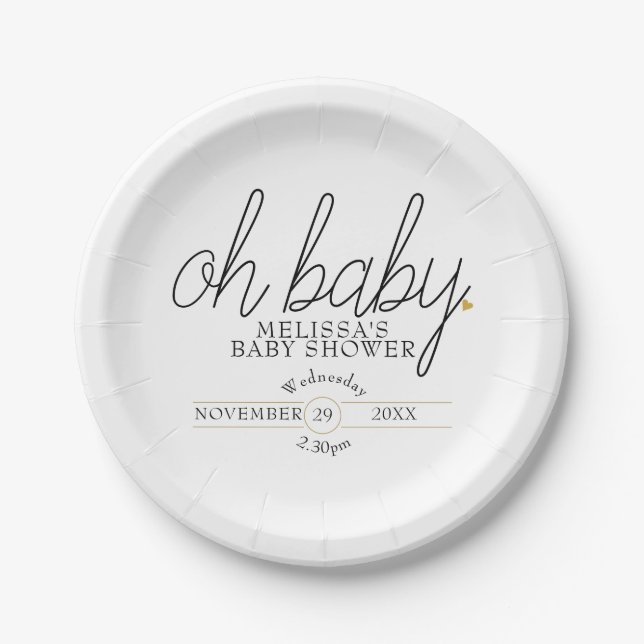 Assiettes En Carton Oh Baby Chic Script Gold Heart Baby shower (Devant)